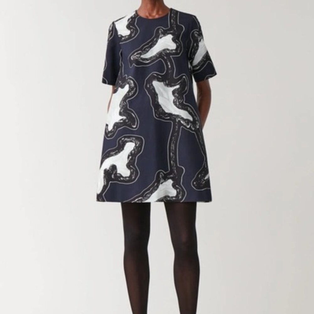 COS Blue Black Patterned Short-Sleeved Oversized Mini Dress - Size 8